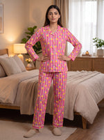 Women’s Pink Lemon Print Cotton Pajama Set | Full Sleeve Night Suit